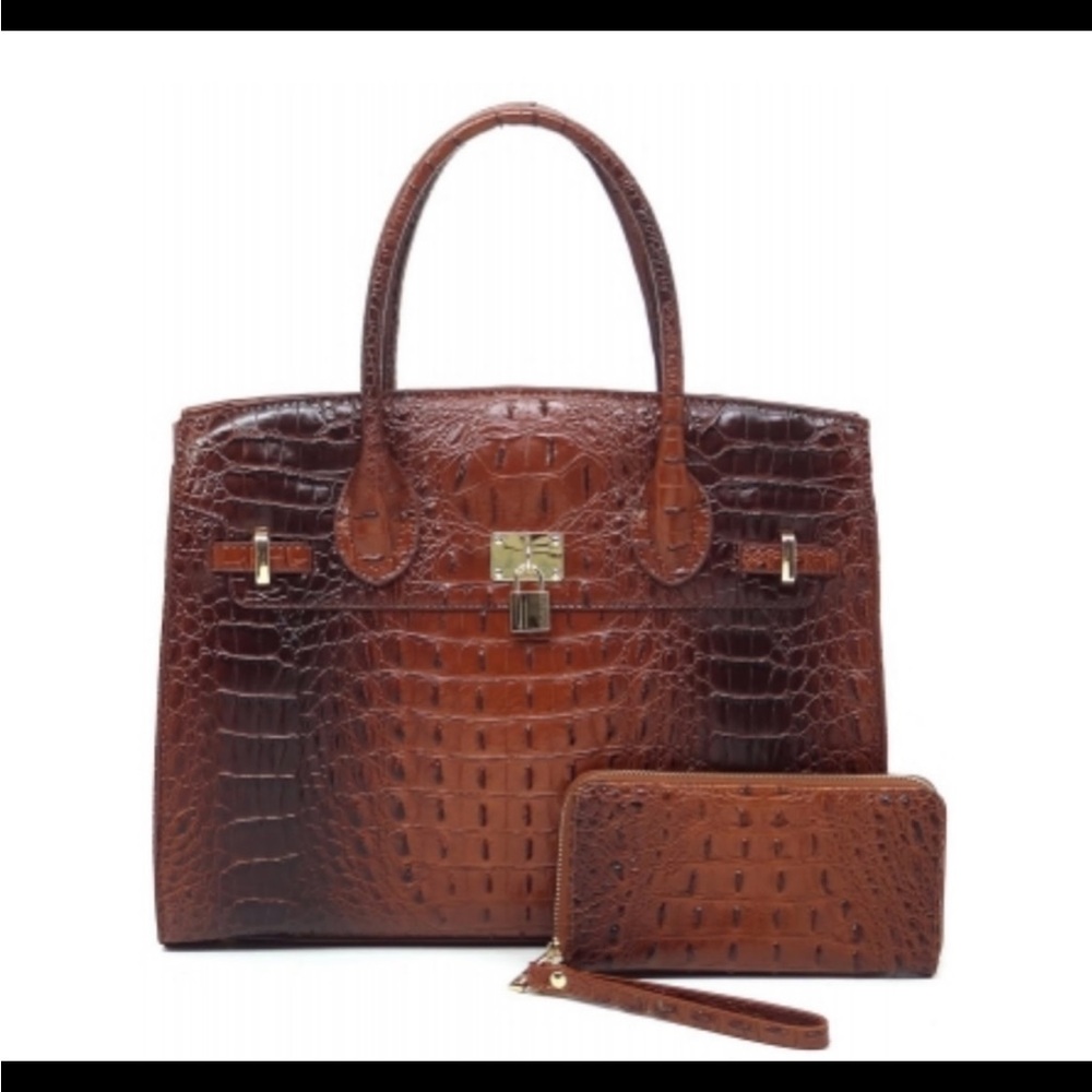 Elegant Brown Crocodile-Embossed Women's Bag Set